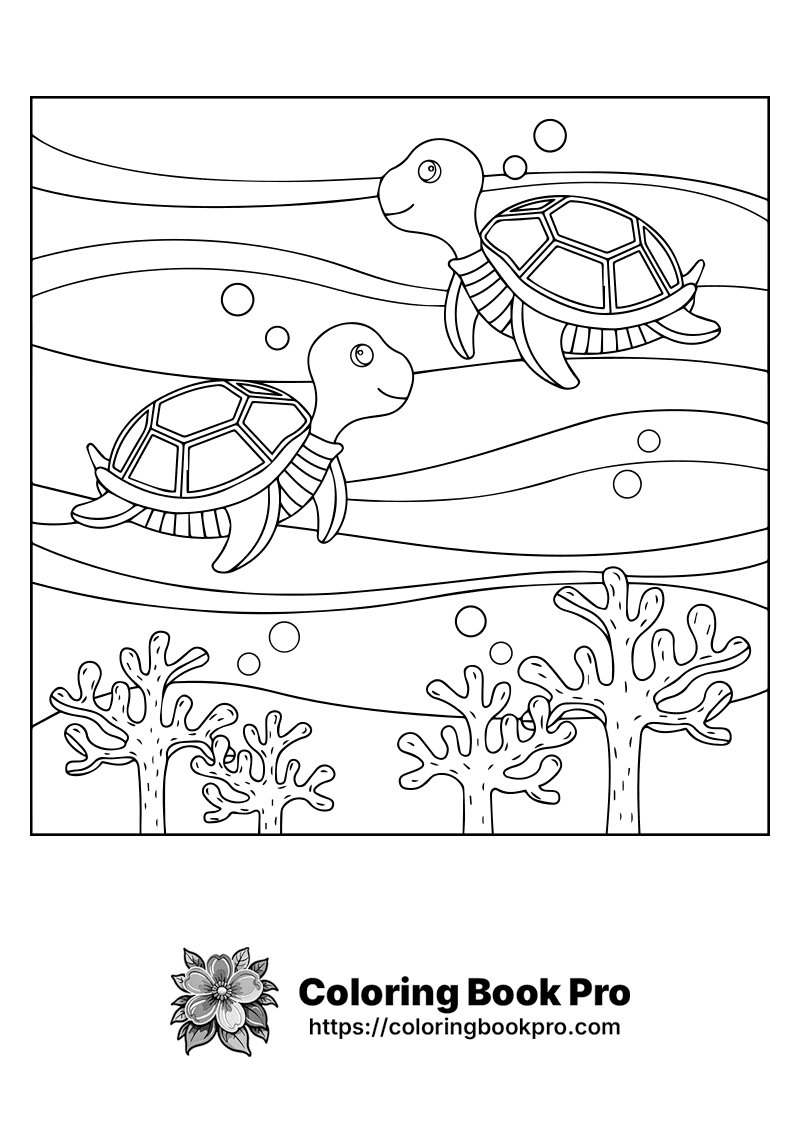 A black and white drawing of two turtles swimming. icon