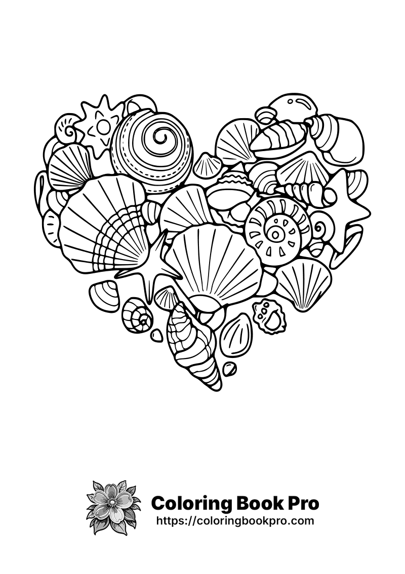 A black and white drawing of shells in the shape of a heart. icon