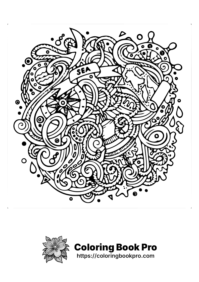 A black and white doodle drawing of sea life. icon