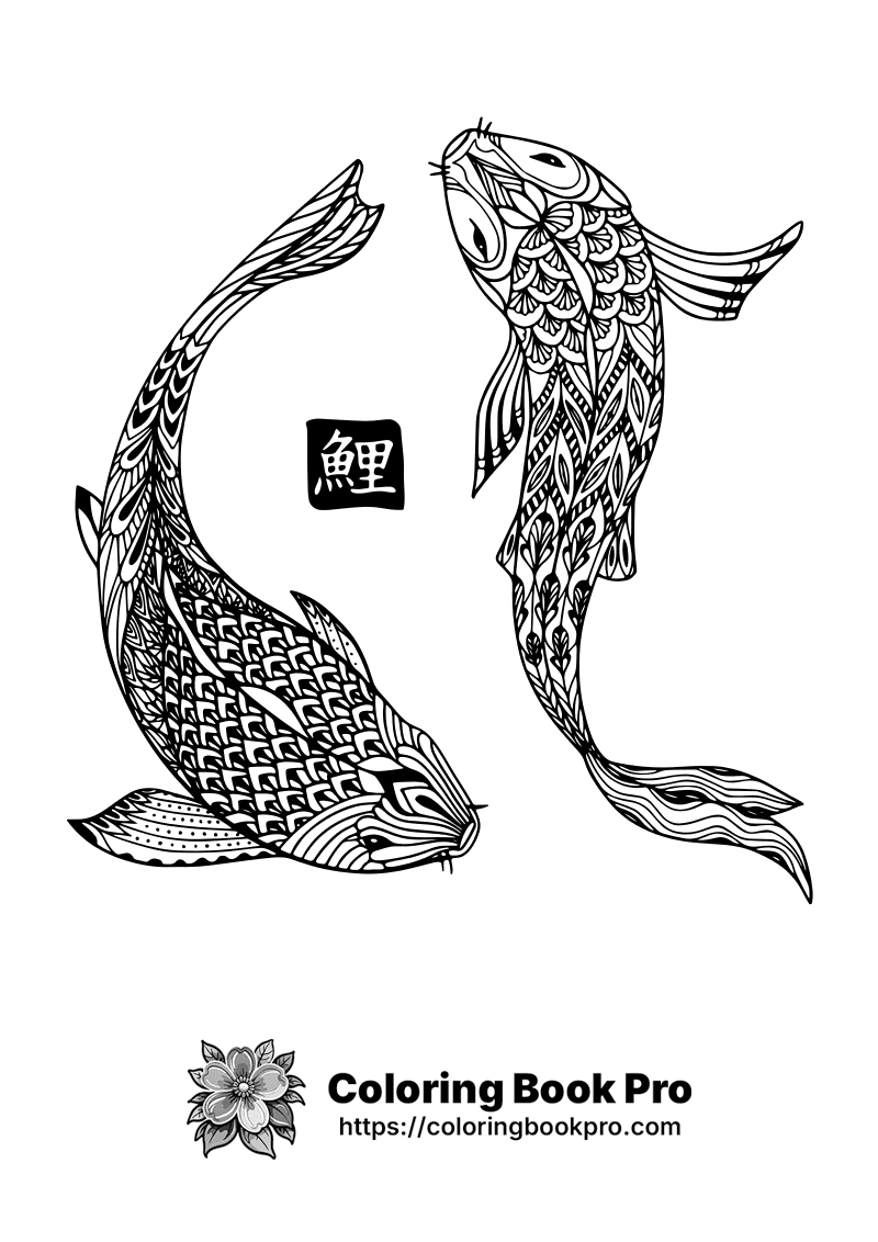 A black and white drawing of two koi fish. icon