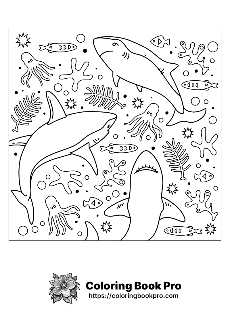 A black and white picture of sharks and corals. icon
