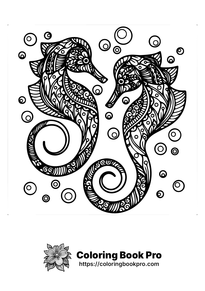 A black and white drawing of two seahorses. icon