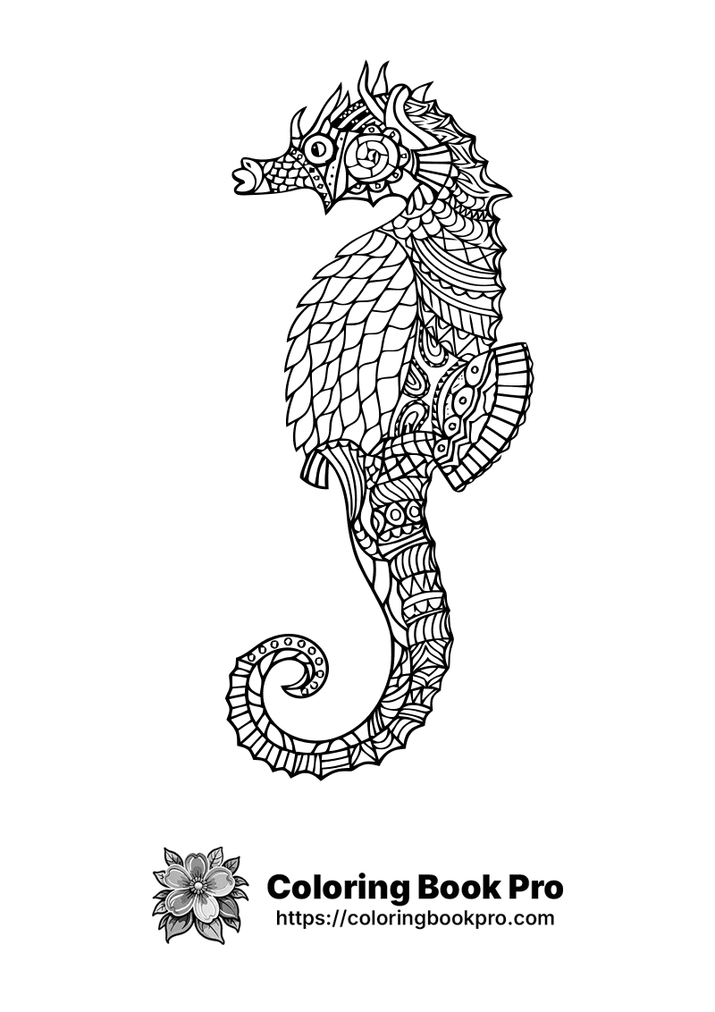 A black and white drawing of a sea horse. icon