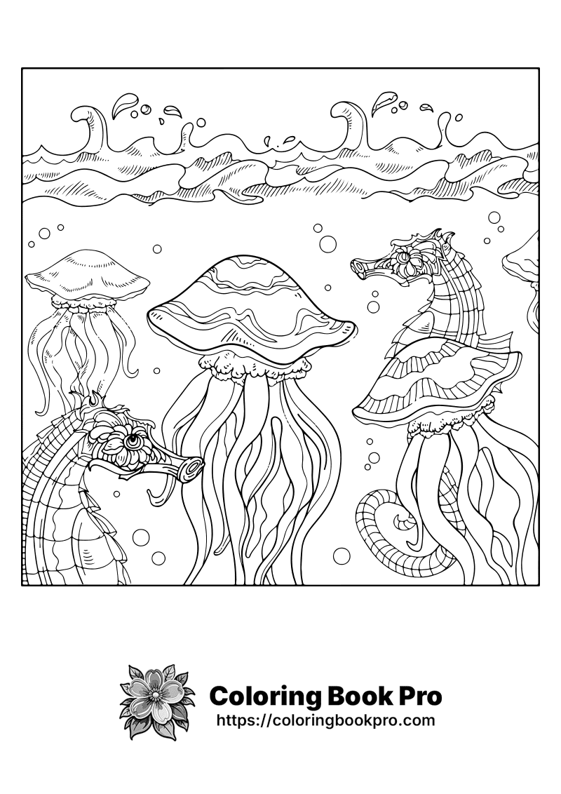 A black and white drawing of sea creatures. icon