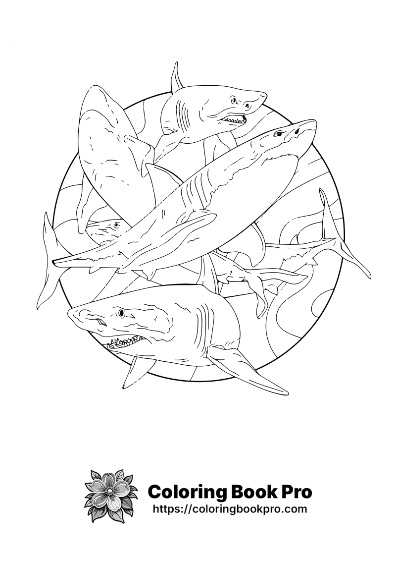 A black and white drawing of a circle of sharks. icon