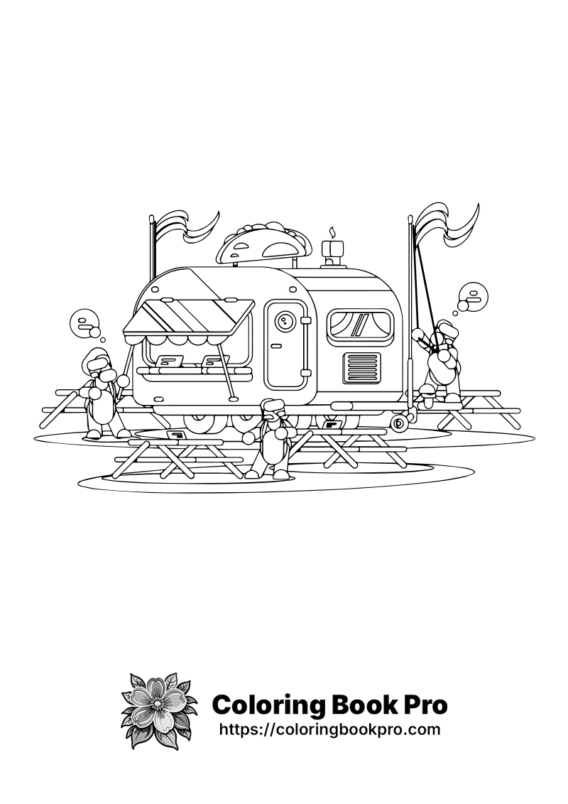 A black and white drawing of a camper trailer. icon