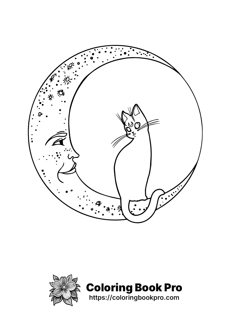 A drawing of a cat sitting on a crescent moon. icon