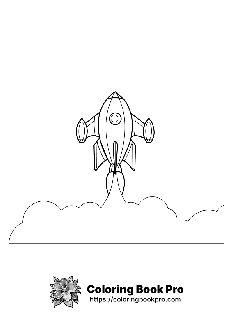 A black and white drawing of a rocket ship. icon
