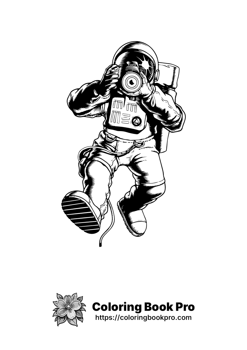 A black and white drawing of an astronaut taking a picture. icon