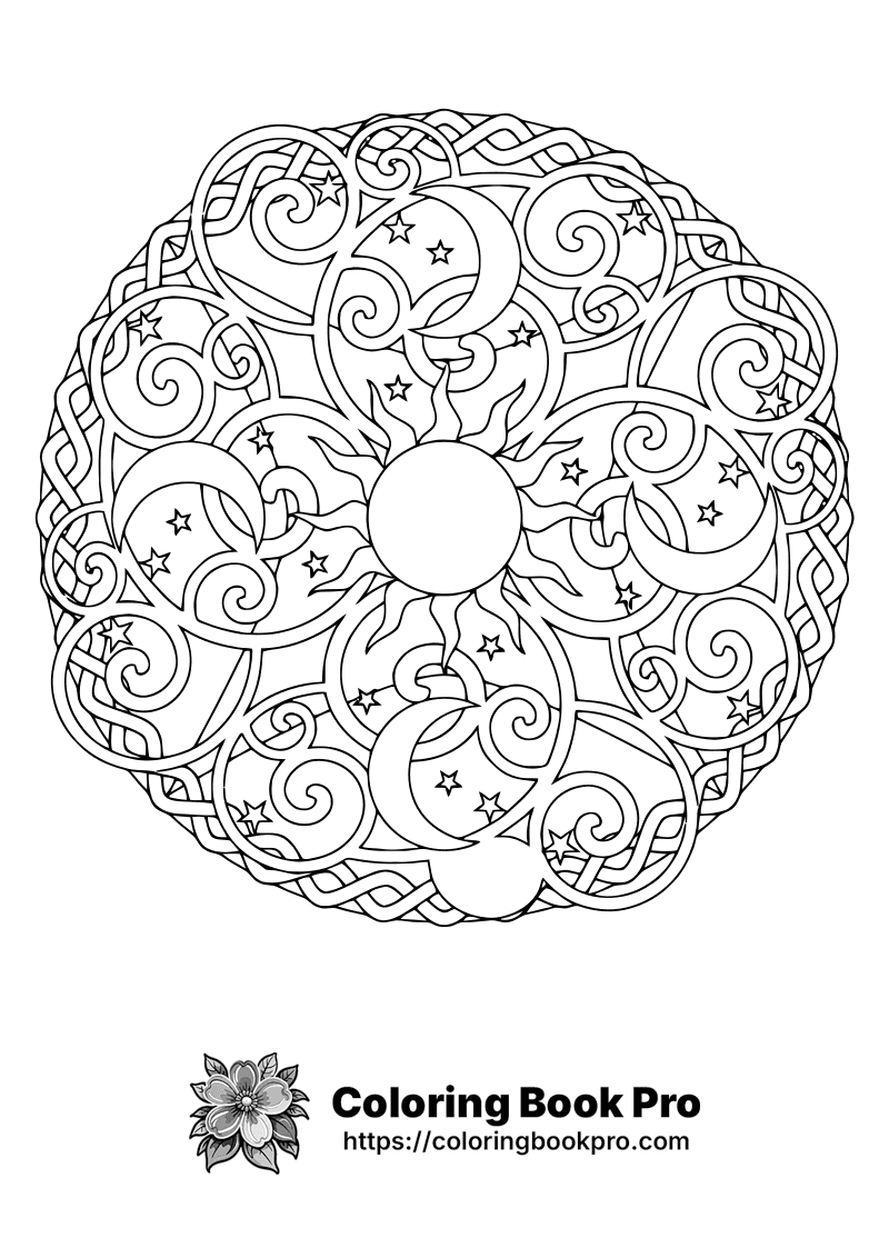 A black and white drawing of a sun and stars. icon