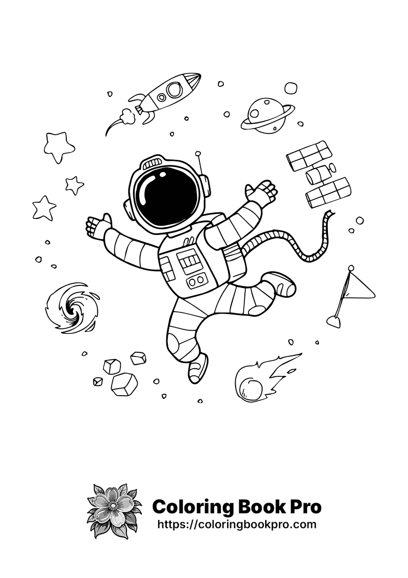 A black and white drawing of an astronaut floating in space. icon