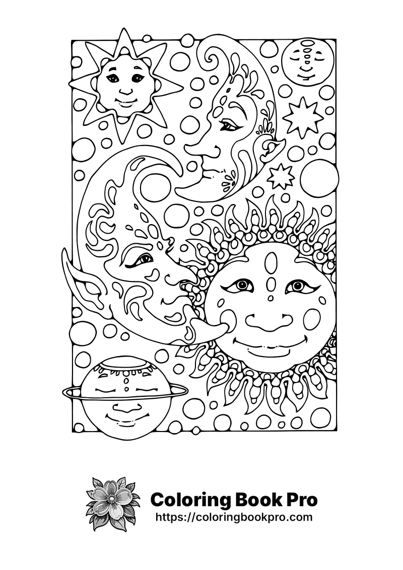 A black and white coloring page of sun faces. icon