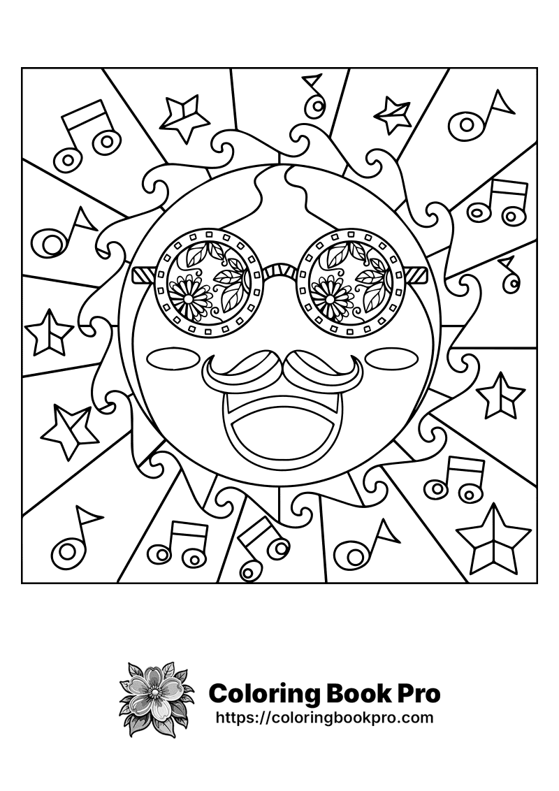 A coloring page with a sun face surrounded by musical notes. icon