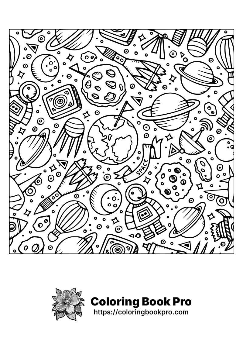 A black and white space themed coloring page. icon
