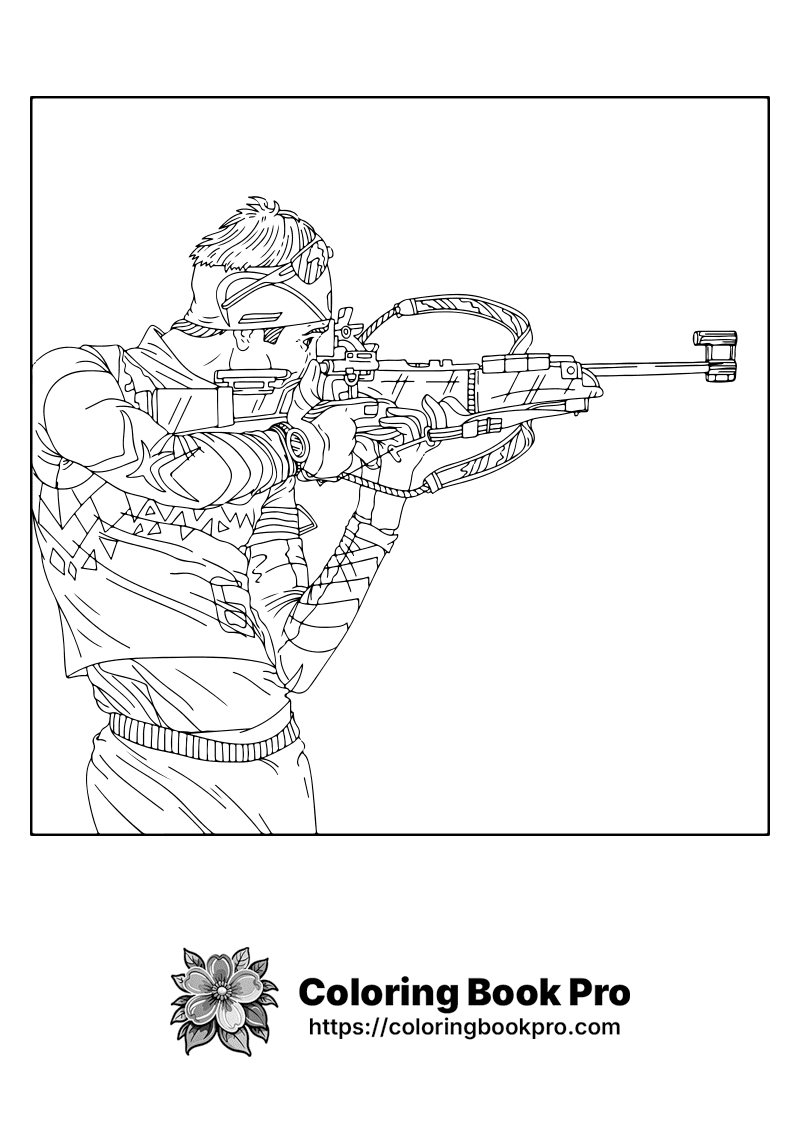 A black and white drawing of a man holding a gun. icon