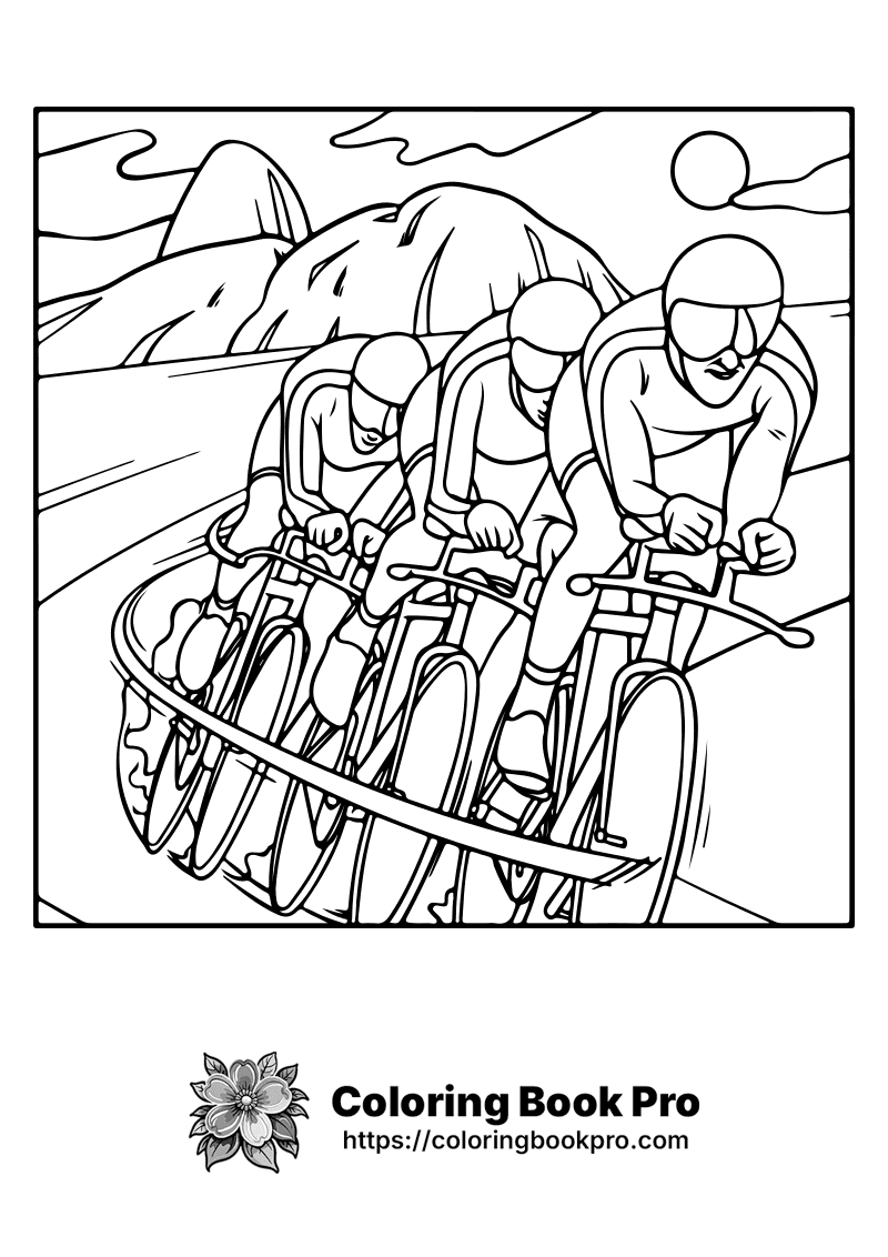 A black and white picture of a group of people riding bicycles. icon