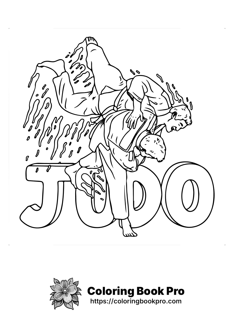 A black and white drawing of two people wrestling with the word JUDO. icon
