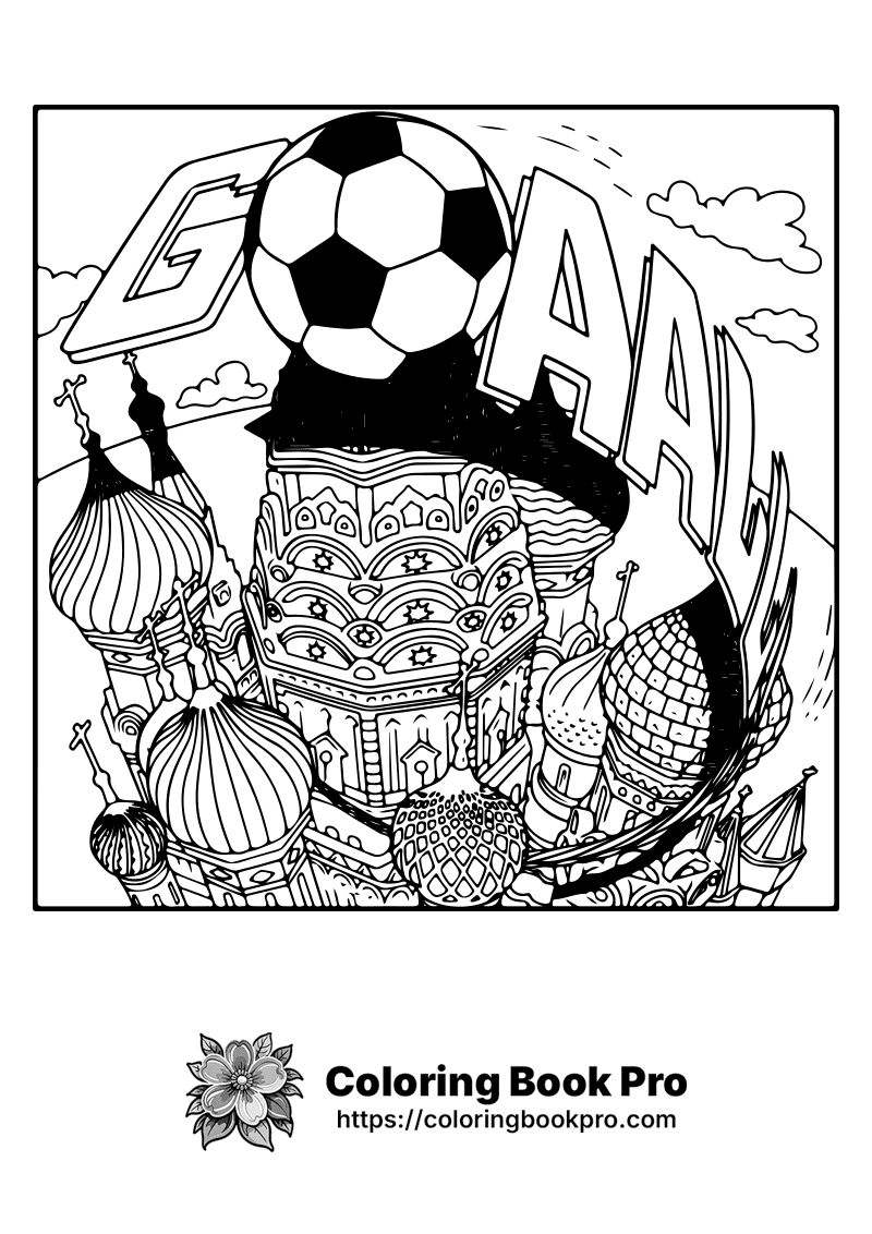 A black and white drawing of a city with a soccer ball on top. icon