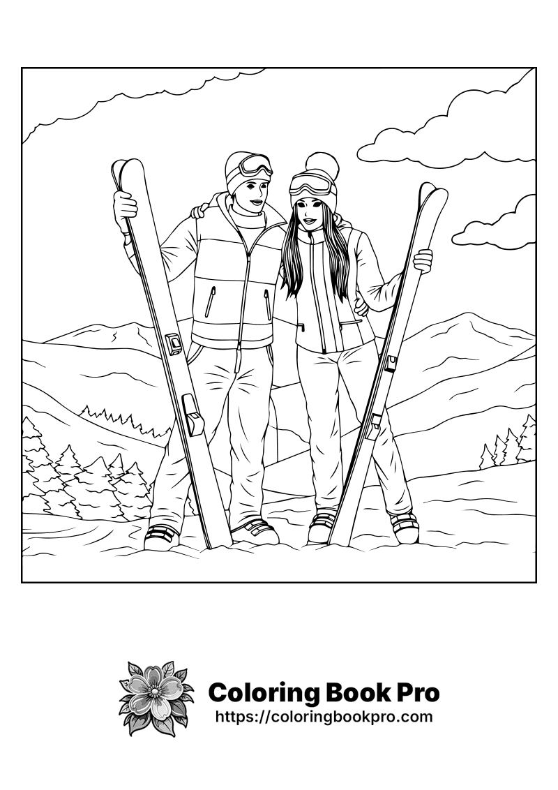 A man and woman holding skis in their hands. icon