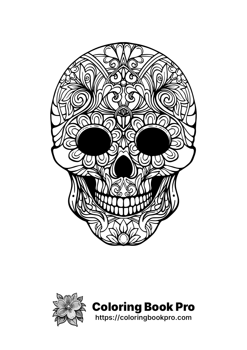 A black and white drawing of a sugar skull icon