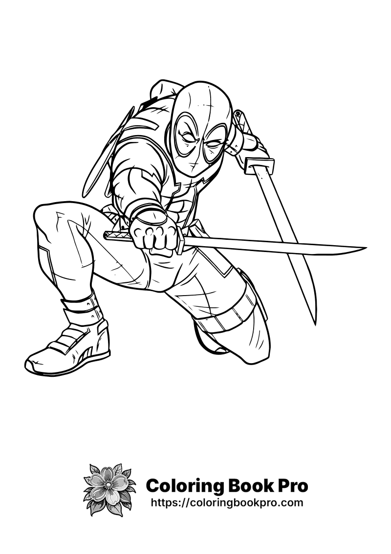 A black and white drawing of a deadpool character. icon