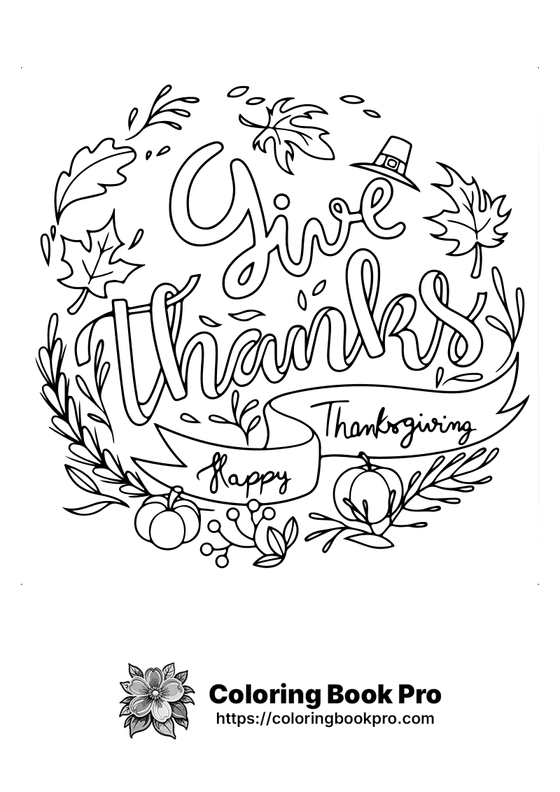 A black and white thanksgiving coloring page that says give thanks. icon