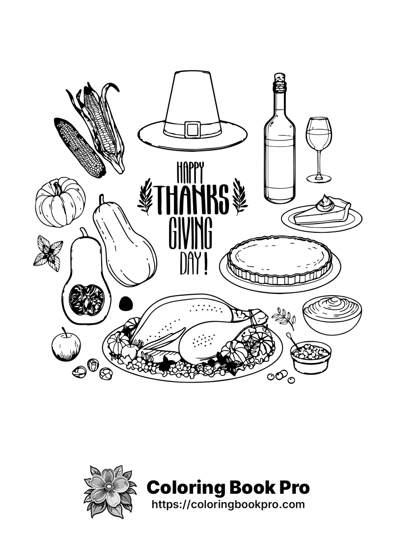 A black and white thanksgiving coloring page for kids. icon