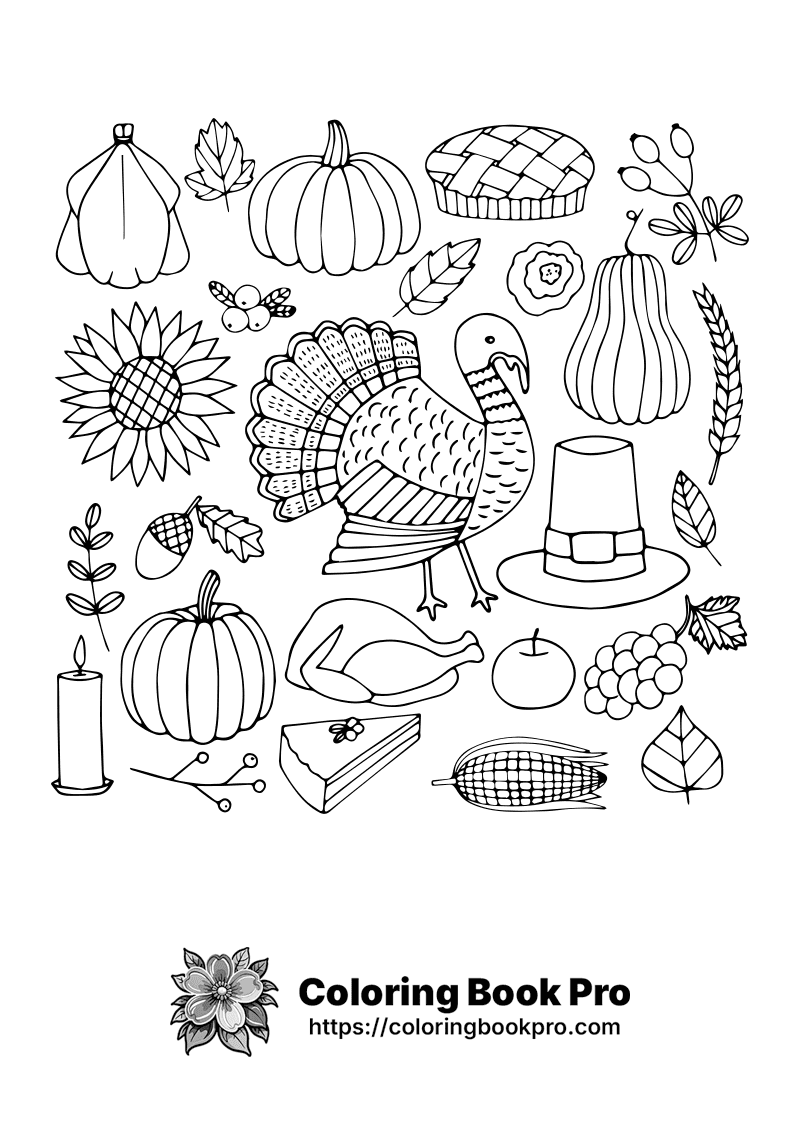 A black and white coloring page depicting a turkey surrounded by autumn decorations. icon