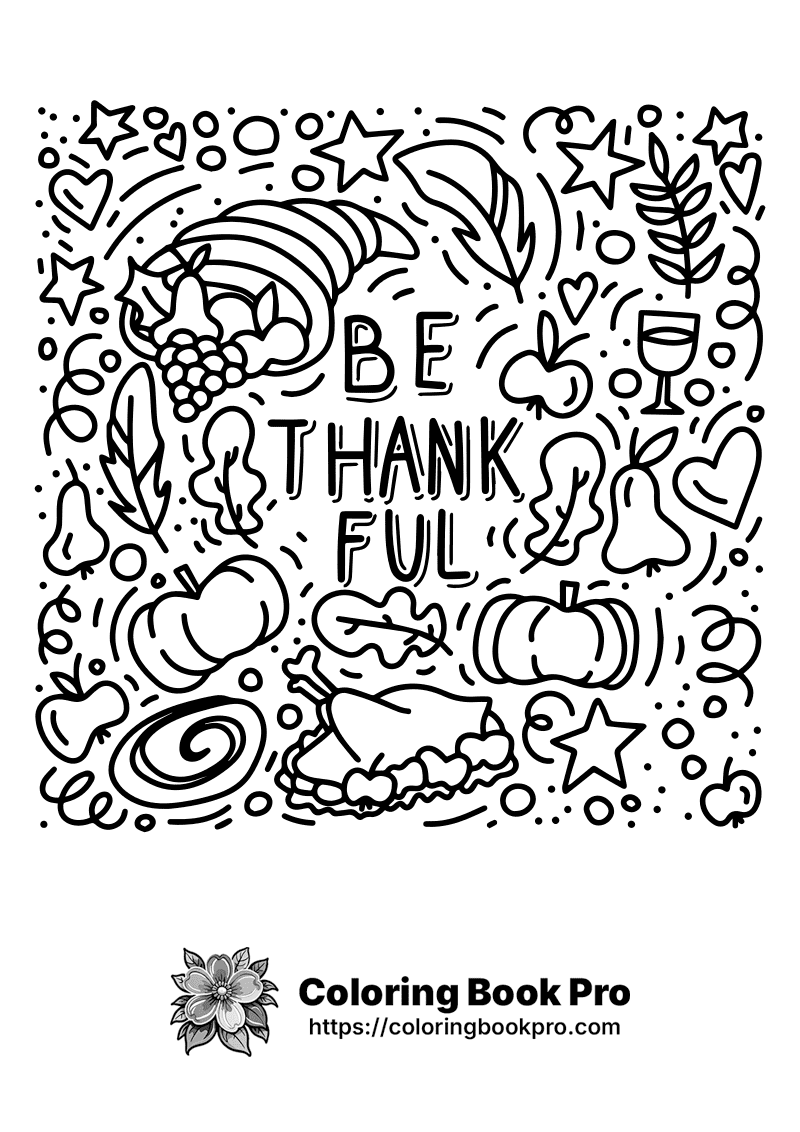 A black and white thanksgiving coloring page that says Be Thankful. icon
