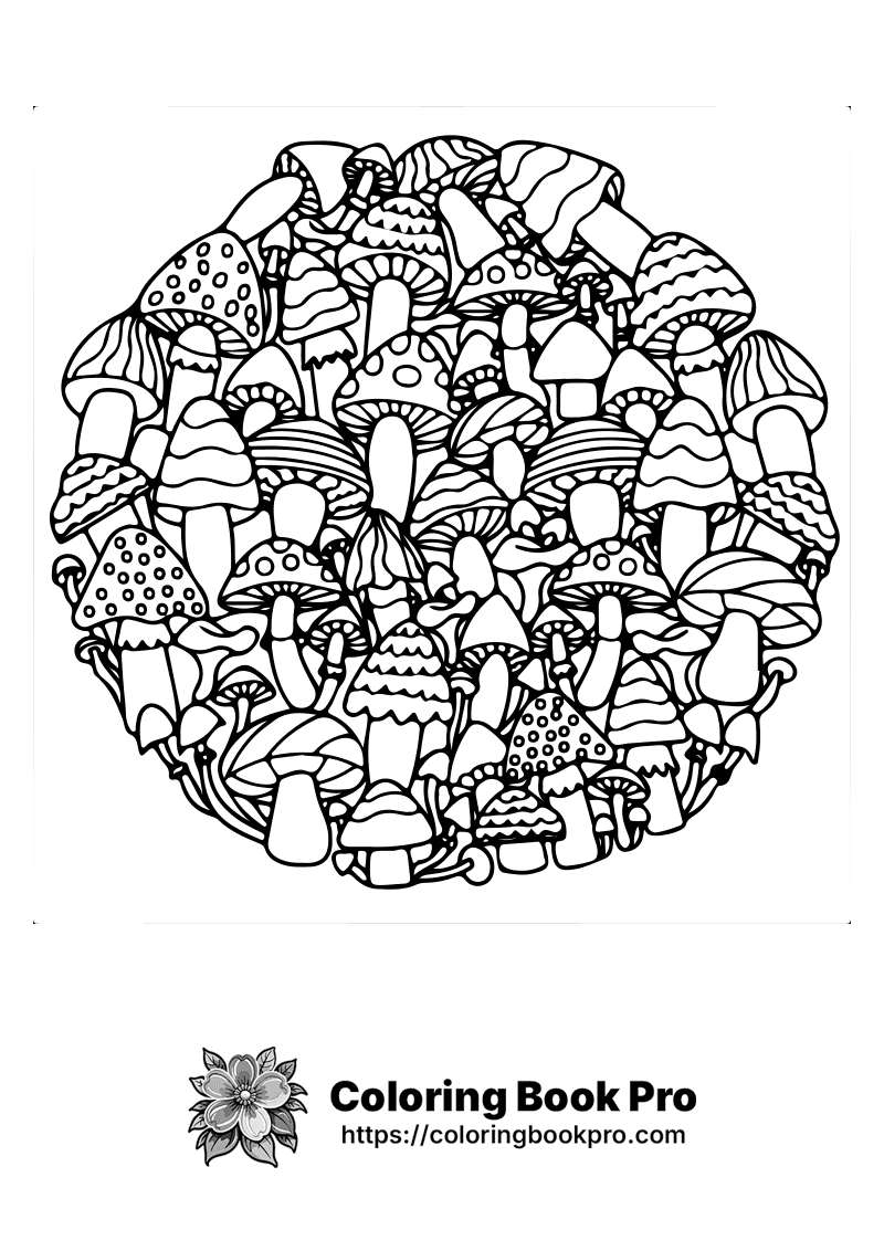 A black and white drawing of mushrooms in a circle icon