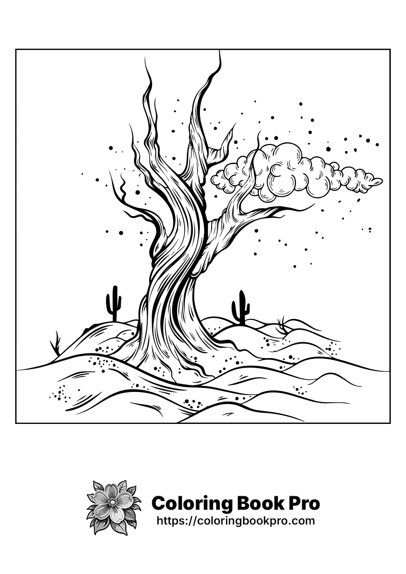 A black and white drawing of a tree in the desert. icon