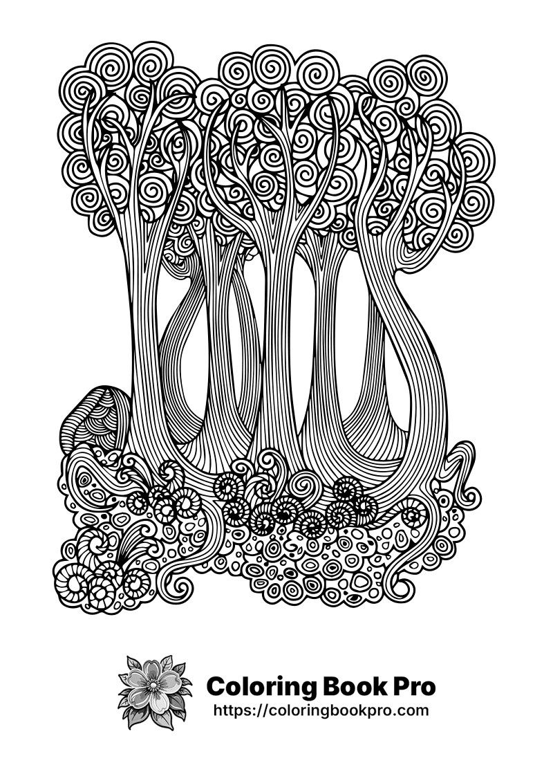 A black and white drawing of a tree with swirls. icon