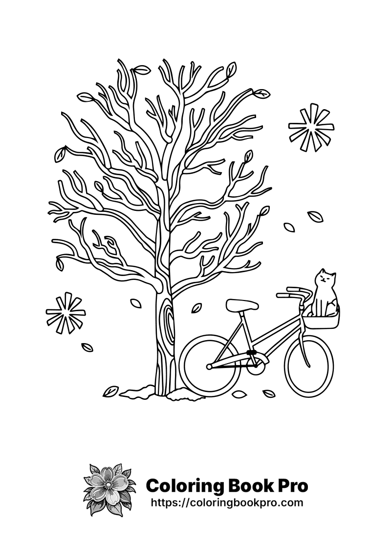 A drawing of a tree and a bicycle with a cat on it. icon
