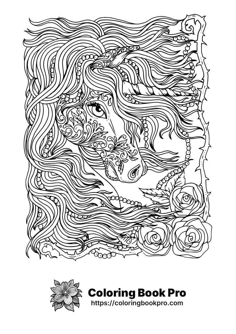 A drawing of a horse with flowing hair and roses. icon