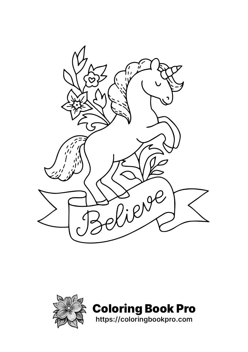A black and white drawing of a unicorn with a banner that says believe. icon