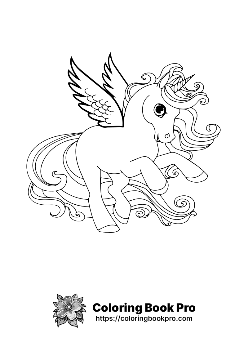 A black and white drawing of a flying unicorn. icon