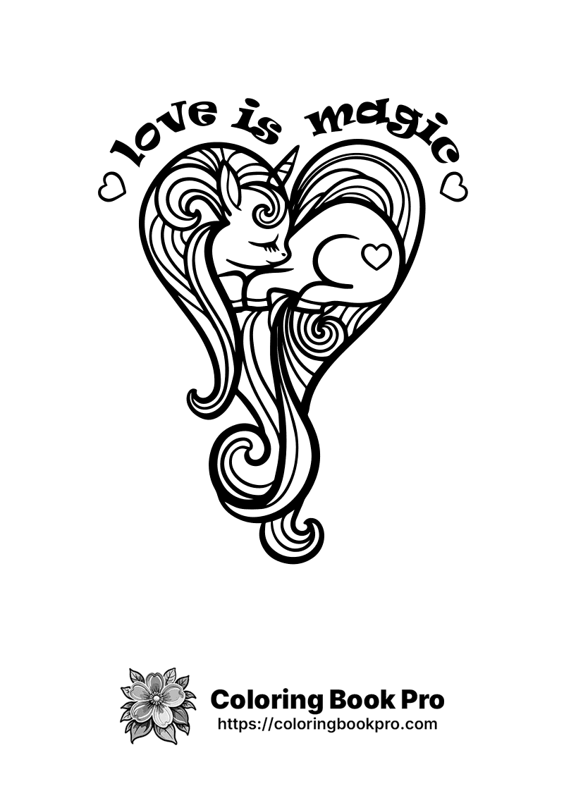 A black and white drawing of a unicorn in a heart. icon