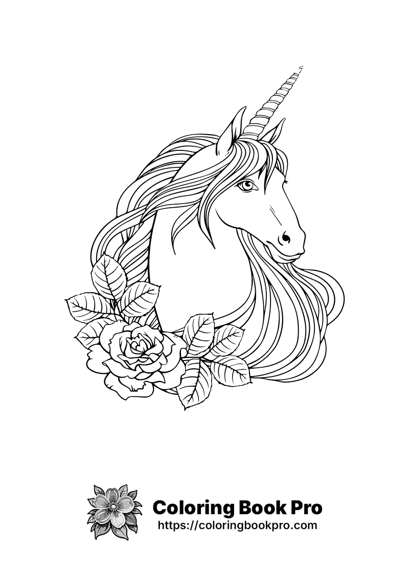A drawing of a horse with a long mane and a horn. icon