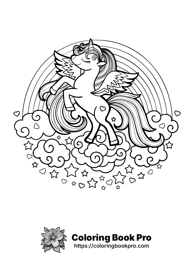 A drawing of a unicorn with wings and a rainbow. icon