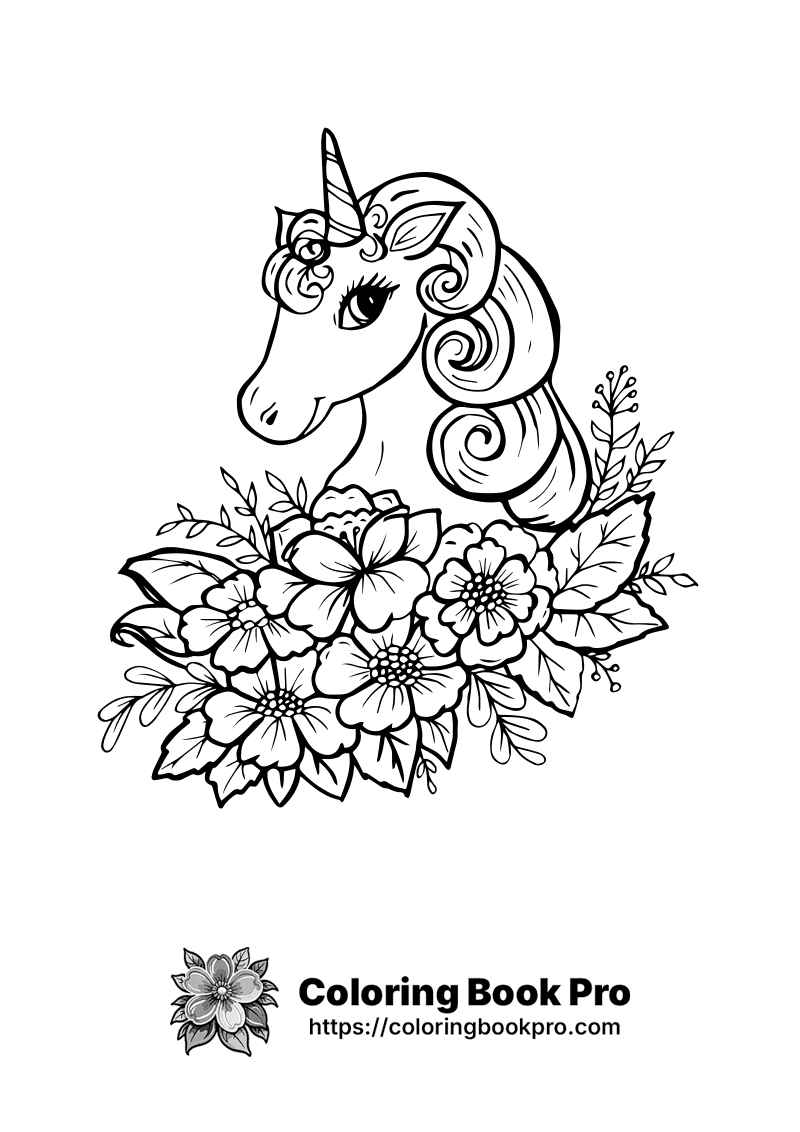 A drawing of a unicorn with flowers. icon