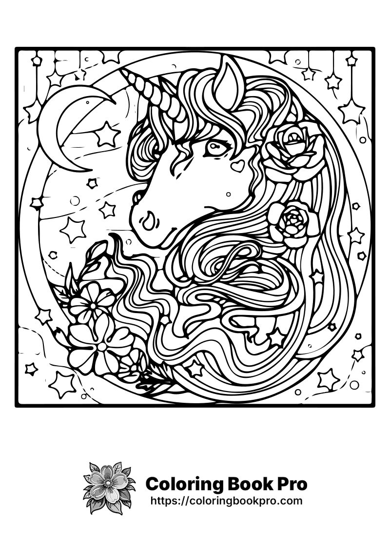 A drawing of a unicorn with long flowing hair. icon