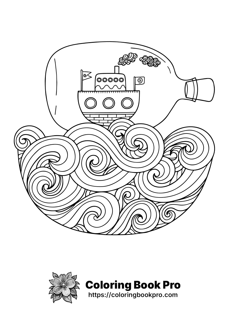 A drawing of a ship in a bottle floating in a wave. icon