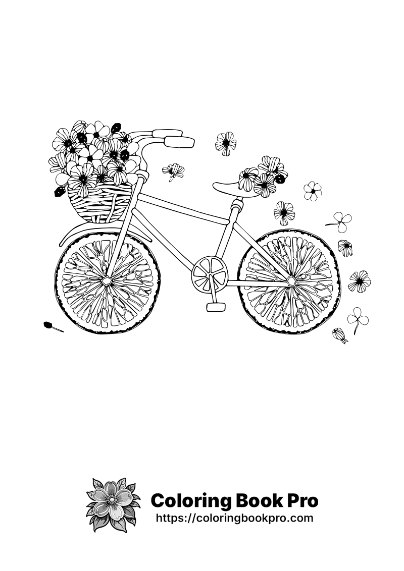 A drawing of a bicycle with a basket full of flowers. icon