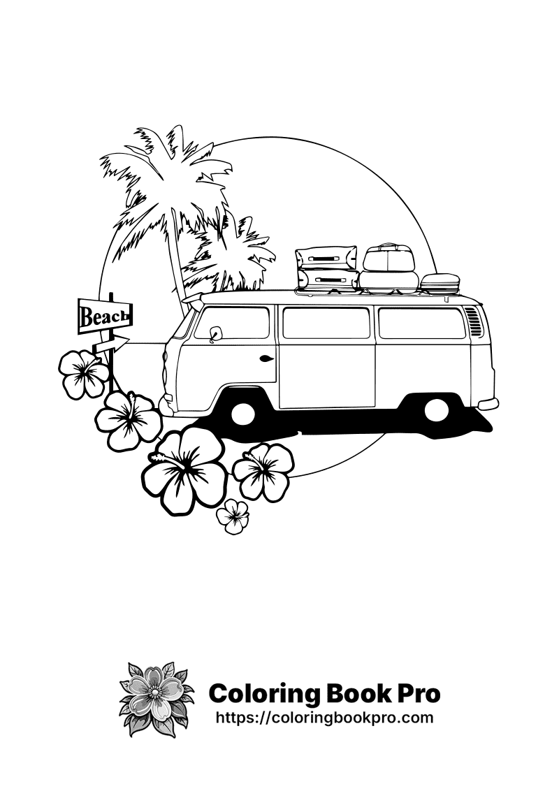 A black and white drawing of a beach scene with a van. icon