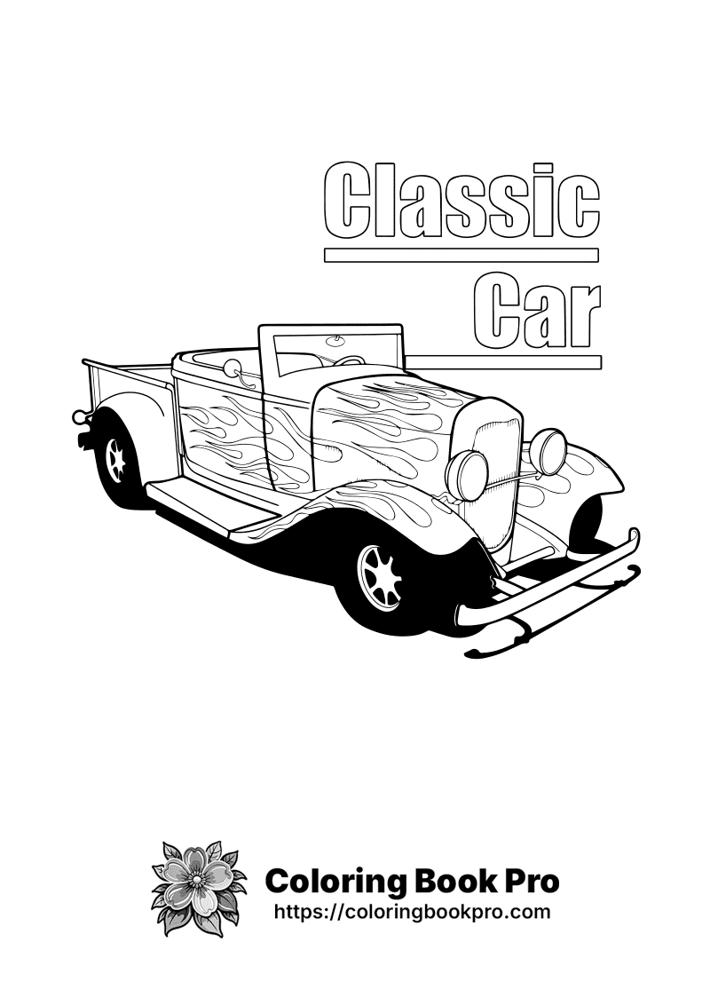A black and white drawing of a classic car. icon