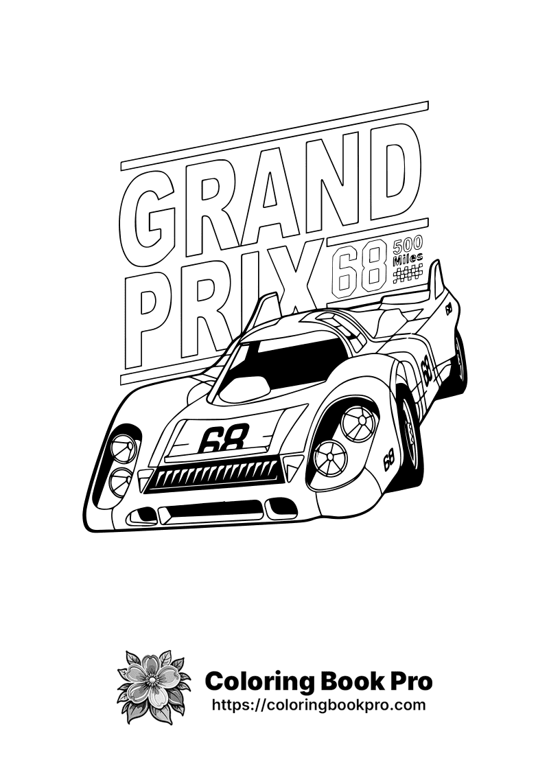 A black and white drawing of a race car with the words Grand prix. icon