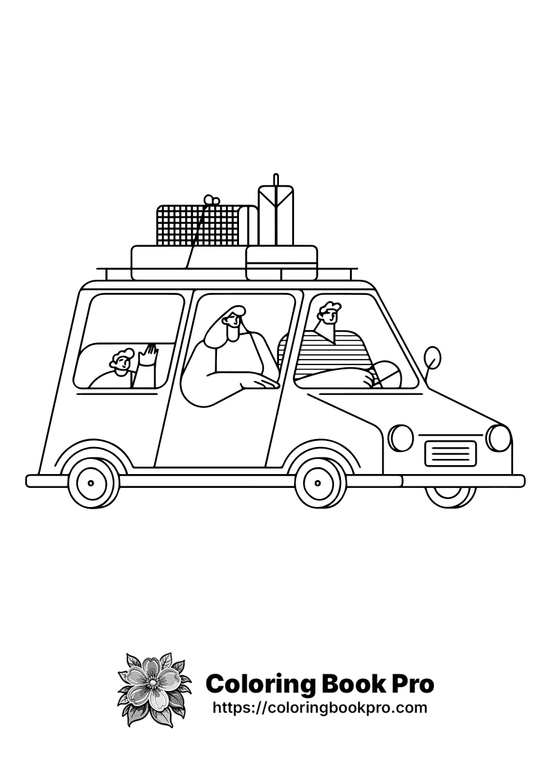 A black and white line drawing of a car with people in it. icon