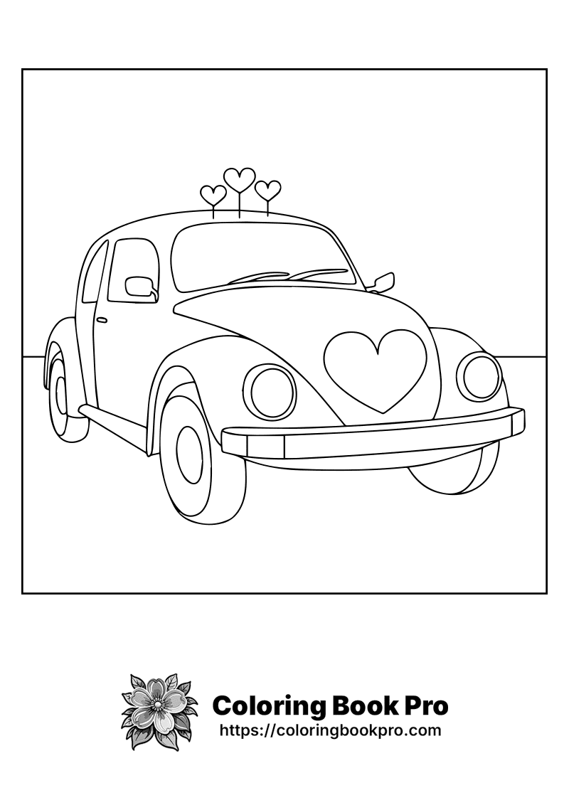A black and white picture of a car with hearts on the hood. icon