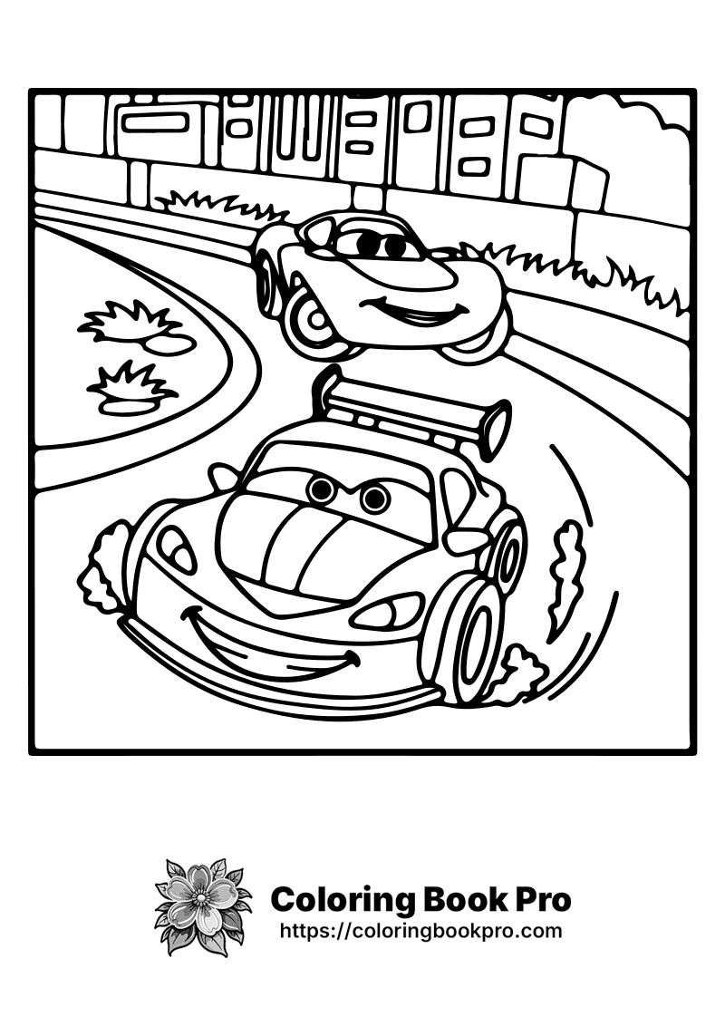 A coloring page of two cars in a race. icon