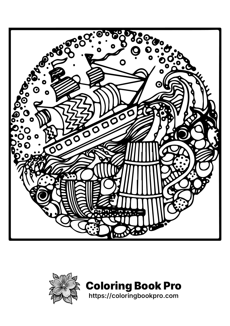 A black and white drawing of a ship in a circle. icon